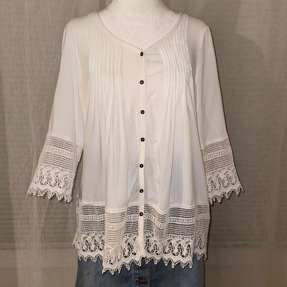 Millers 14 White Button Front Quarter Sleeve Crochet Lace Trim Pleated Blouse - Picture 1 of 8
